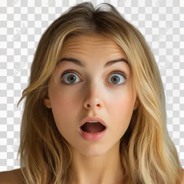 a beautiful white young light brown haired woman hair looking at us surprised, photo realistic, neutral, isolated background, ar--4:3