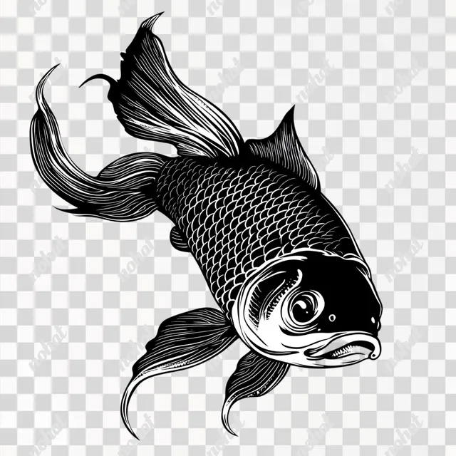 a black and white drawing of a fish