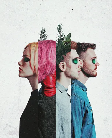 collage art in the style of Hannah Hch, with a vibrant color scheme, and wearing in different colors: a woman with pink hair, a person with red arm gloves, a man with green eyes, a woman in a black hooded garment, and a man in a blue shirt, all against a white background, in the style of Francis Bacon. The artwork is a risograph-printed portraiture on the artist's paper, with 3D-printed fashion design, and a few plants, in the style of Richard Avedon and Hiroshi Nagai.