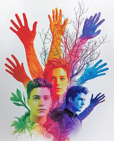 collage art in the style of Hannah Hch, with a vibrant color scheme, and wearing in different colors: a woman with pink hair, a person with red arm gloves, a man with green eyes, a woman in a black hooded garment, and a man in a blue shirt, all against a white background, in the style of Francis Bacon. The artwork is a risograph-printed portraiture on the artist's paper, with 3D-printed fashion design, and a few plants, in the style of Richard Avedon and Hiroshi Nagai.