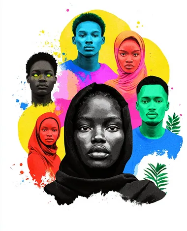 collage art in the style of Hannah Hch, with a vibrant color scheme, and wearing in different colors: a woman with pink hair, a person with red arm gloves, a man with green eyes, a woman in a black hooded garment, and a man in a blue shirt, all against a white background, in the style of Francis Bacon. The artwork is a risograph-printed portraiture on the artist's paper, with 3D-printed fashion design, and a few plants, in the style of Richard Avedon and Hiroshi Nagai.