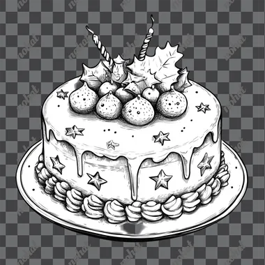 Create a Christmas cake in a Christmas atmosphere, cartoon style, black and white, fine lines, no shadow, white background, high quality