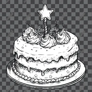 Create a Christmas cake in a Christmas atmosphere, cartoon style, black and white, fine lines, no shadow, white background, high quality