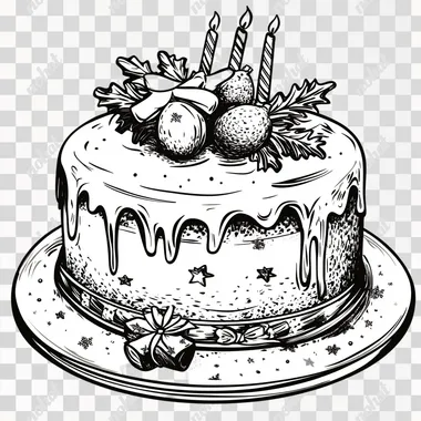 Create a Christmas cake in a Christmas atmosphere, cartoon style, black and white, fine lines, no shadow, white background, high quality