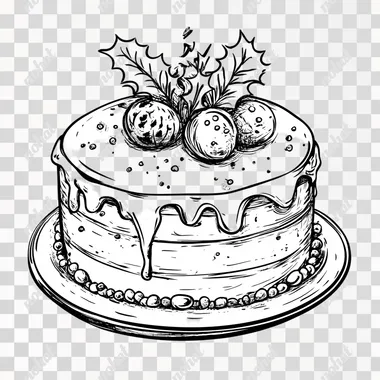 Create a Christmas cake in a Christmas atmosphere, cartoon style, black and white, fine lines, no shadow, white background, high quality