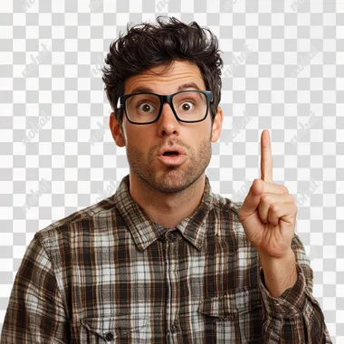 annoying nerd with with hand and one finger up, white background