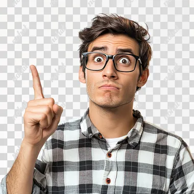 annoying nerd with with hand and one finger up, white background