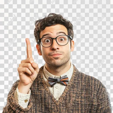 annoying nerd with with hand and one finger up, white background