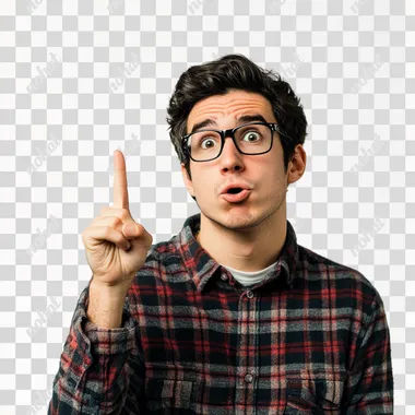 annoying nerd with with hand and one finger up, white background
