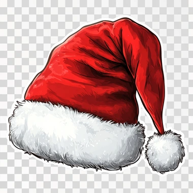 Classic red Santa hat with white trim, minimalist sticker style, isolated on white background