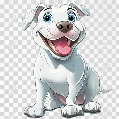 front view of white pitbull smiling in disney cartoon style