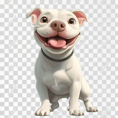 front view of white pitbull smiling in disney cartoon style