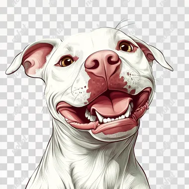 front view of white pitbull smiling in disney cartoon style