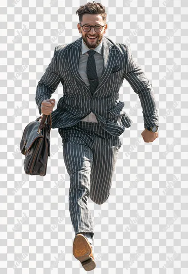 a cool business man in action, smiling, running, successful. photorealistic