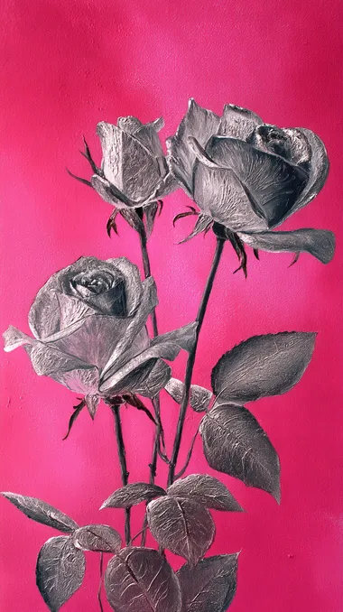 Silver Roses painted in a realistic style. The petals are a deep Silver with no gloss, and the center is in an even darker silver. The detailed texture of the petals, the naturally curved stems, and the veins of the leaves are realistically rendered. The background is a vivid, warm pink. The pink light slightly illuminates the outlines of the silver roses, accentuating the contrast. The light source is soft and slightly reminiscent of dusk. The whole is intended to have the realism of an oil painting or a high-resolution photograph.