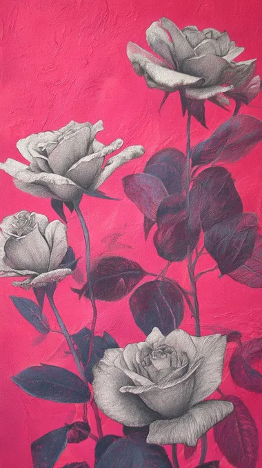 Silver Roses painted in a realistic style. The petals are a deep Silver with no gloss, and the center is in an even darker silver. The detailed texture of the petals, the naturally curved stems, and the veins of the leaves are realistically rendered. The background is a vivid, warm pink. The pink light slightly illuminates the outlines of the silver roses, accentuating the contrast. The light source is soft and slightly reminiscent of dusk. The whole is intended to have the realism of an oil painting or a high-resolution photograph.