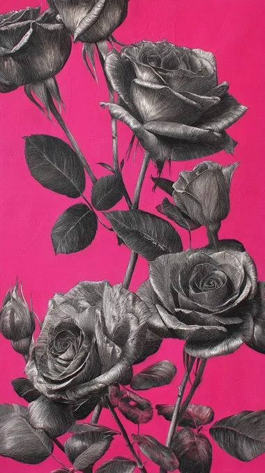 Silver Roses painted in a realistic style. The petals are a deep Silver with no gloss, and the center is in an even darker silver. The detailed texture of the petals, the naturally curved stems, and the veins of the leaves are realistically rendered. The background is a vivid, warm pink. The pink light slightly illuminates the outlines of the silver roses, accentuating the contrast. The light source is soft and slightly reminiscent of dusk. The whole is intended to have the realism of an oil painting or a high-resolution photograph.