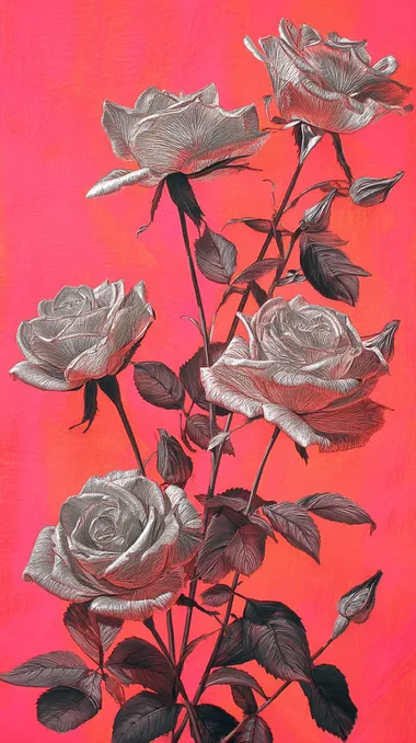 Silver Roses painted in a realistic style. The petals are a deep Silver with no gloss, and the center is in an even darker silver. The detailed texture of the petals, the naturally curved stems, and the veins of the leaves are realistically rendered. The background is a vivid, warm pink. The pink light slightly illuminates the outlines of the silver roses, accentuating the contrast. The light source is soft and slightly reminiscent of dusk. The whole is intended to have the realism of an oil painting or a high-resolution photograph.