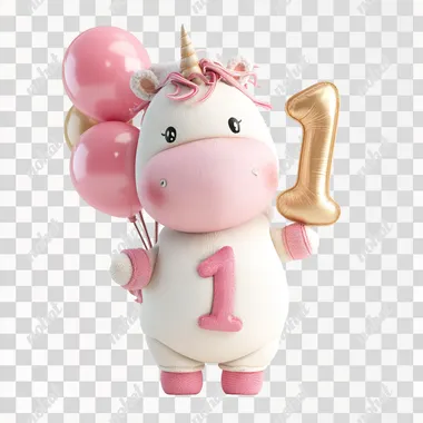 an adorable pink unicorn celebrating a birthday holding a big number 1 and balloons, isolated on a white background, 2D hyper detailed