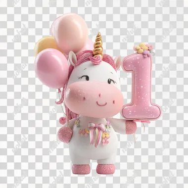 an adorable pink unicorn celebrating a birthday holding a big number 1 and balloons, isolated on a white background, 2D hyper detailed