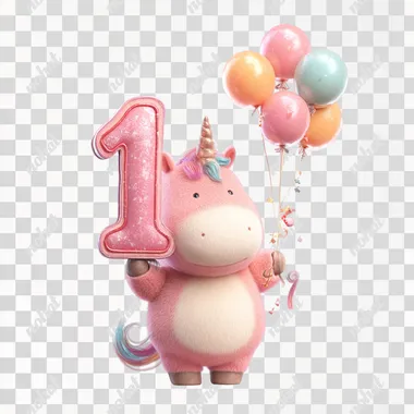 an adorable pink unicorn celebrating a birthday holding a big number 1 and balloons, isolated on a white background, 2D hyper detailed