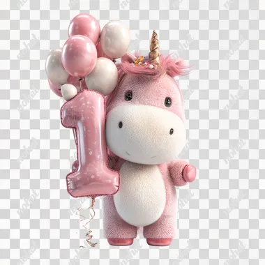an adorable pink unicorn celebrating a birthday holding a big number 1 and balloons, isolated on a white background, 2D hyper detailed