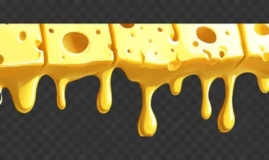 Yellow cheese, dripping cheese, solid color background, cartoon style, simple drawing, solid white background, high resolution, no shadows, no text, no shadow details, no gradient colors, no textures, only yellow, only one piece of cheese hanging on the wall. The wall is made up of many pieces of yellow Swiss cheese with holes in them, each piece slightly curved and dripping down. No other elements or objects present.