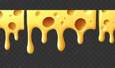 Yellow cheese, dripping cheese, solid color background, cartoon style, simple drawing, solid white background, high resolution, no shadows, no text, no shadow details, no gradient colors, no textures, only yellow, only one piece of cheese hanging on the wall. The wall is made up of many pieces of yellow Swiss cheese with holes in them, each piece slightly curved and dripping down. No other elements or objects present.