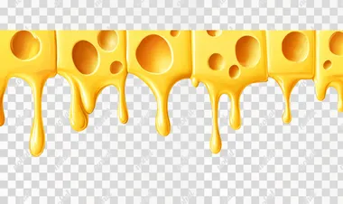 Yellow cheese, dripping cheese, solid color background, cartoon style, simple drawing, solid white background, high resolution, no shadows, no text, no shadow details, no gradient colors, no textures, only yellow, only one piece of cheese hanging on the wall. The wall is made up of many pieces of yellow Swiss cheese with holes in them, each piece slightly curved and dripping down. No other elements or objects present.