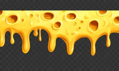 Yellow cheese, dripping cheese, solid color background, cartoon style, simple drawing, solid white background, high resolution, no shadows, no text, no shadow details, no gradient colors, no textures, only yellow, only one piece of cheese hanging on the wall. The wall is made up of many pieces of yellow Swiss cheese with holes in them, each piece slightly curved and dripping down. No other elements or objects present.