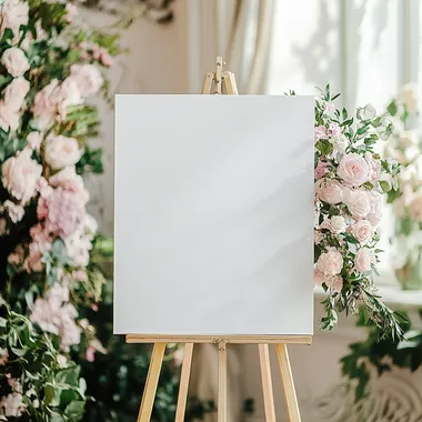 a blank white welcome sign mockup size is 24 by 36 in portrait orientation, on an easel during an rococo themed party, with white ainterior and spring pastel flowers