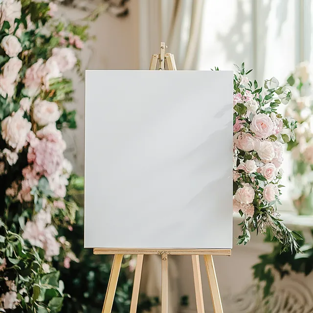 Blank White Welcome Sign Mockup on Easel for Rococo Party Decor