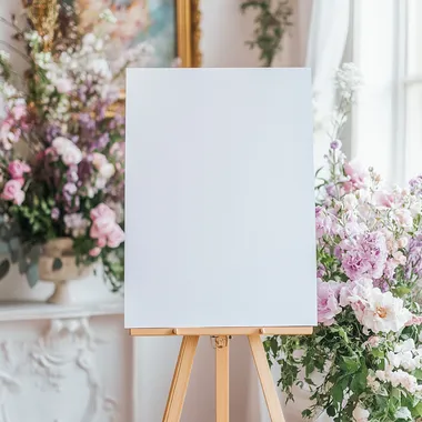 a blank white welcome sign mockup size is 24 by 36 in portrait orientation, on an easel during an rococo themed party, with white ainterior and spring pastel flowers