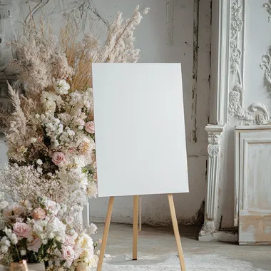 a blank white welcome sign mockup size is 24 by 36 in portrait orientation, on an easel during an rococo themed party, with white ainterior and spring pastel flowers