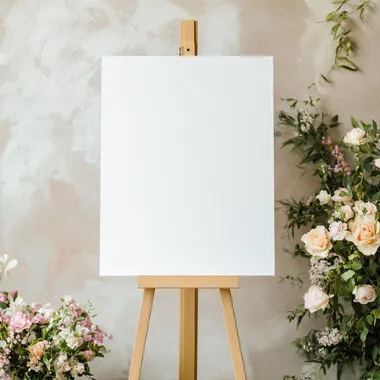 a blank white welcome sign mockup size is 24 by 36 in portrait orientation, on an easel during an rococo themed party, with white ainterior and spring pastel flowers