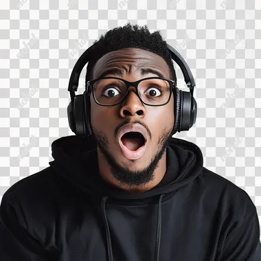a shocked black 22 year old, casual outfit, headphones on, white background