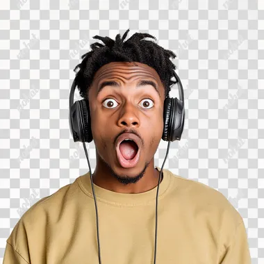 a shocked black 22 year old, casual outfit, headphones on, white background