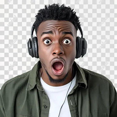 a shocked black 22 year old, casual outfit, headphones on, white background