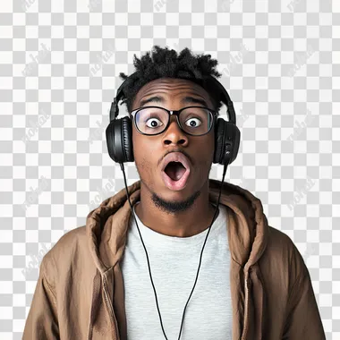 a shocked black 22 year old, casual outfit, headphones on, white background