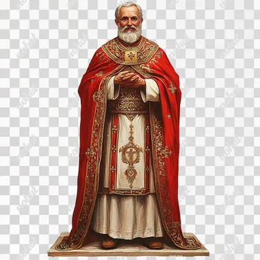 A kind and tall Saint Nicholas - Bishop with a bright smile stands on a pure white background. His slender figure is adorned with a red cloak with intricate gold ornaments. His eyes are full of goodwill, and his gentle smile makes him approachable and friendly.