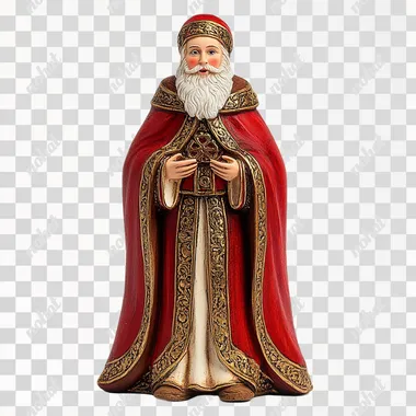 A kind and tall Saint Nicholas - Bishop with a bright smile stands on a pure white background. His slender figure is adorned with a red cloak with intricate gold ornaments. His eyes are full of goodwill, and his gentle smile makes him approachable and friendly.