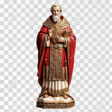 A kind and tall Saint Nicholas - Bishop with a bright smile stands on a pure white background. His slender figure is adorned with a red cloak with intricate gold ornaments. His eyes are full of goodwill, and his gentle smile makes him approachable and friendly.