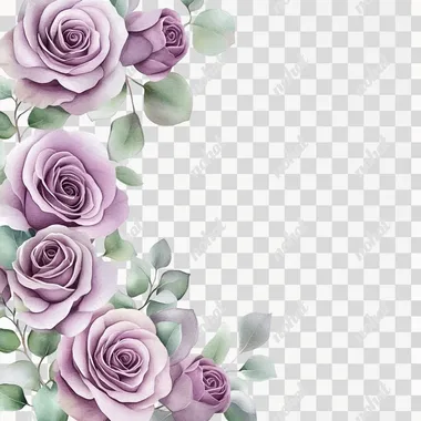 Soft watercolor border featuring lavender roses intertwined with subtle sprigs of eucalyptus, isolated on white background.