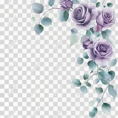 Soft watercolor border featuring lavender roses intertwined with subtle sprigs of eucalyptus, isolated on white background.
