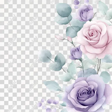 Soft watercolor border featuring lavender roses intertwined with subtle sprigs of eucalyptus, isolated on white background.