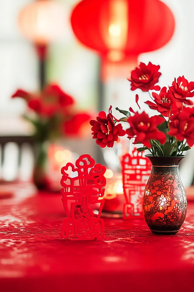 Red Flowers Vase on Chinese New Year Table with Lanterns and Decor