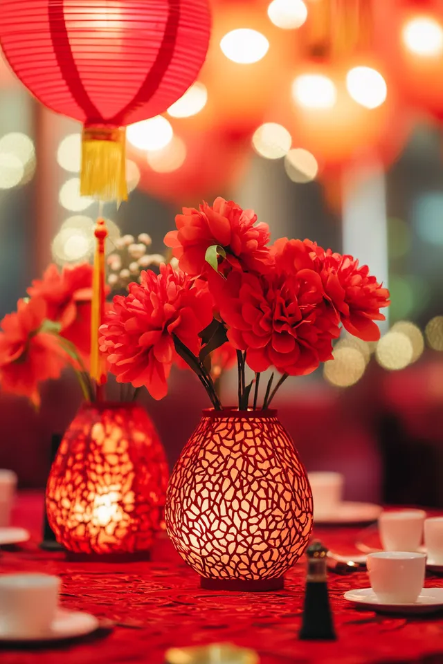 Red Flower Vases on Table for Festive Chinese New Year Celebration