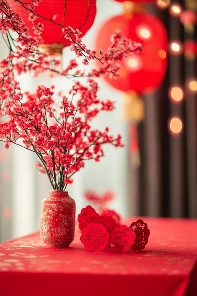 Red Flowers in Vases Next to Lanterns for Chinese New Year Celebration