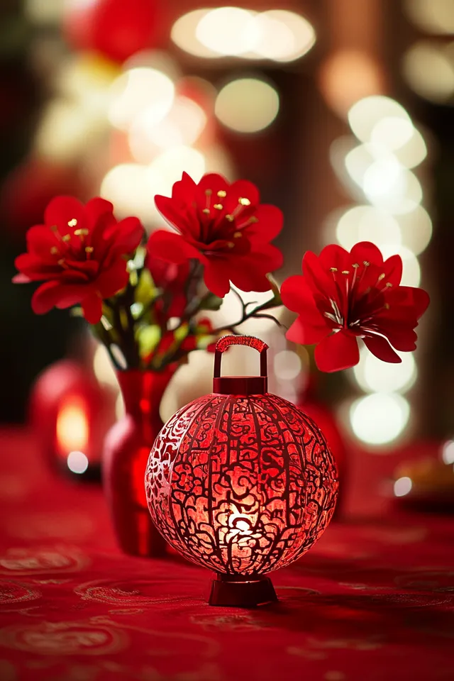 Red vase with red flowers on festive table for Chinese New Year celebration