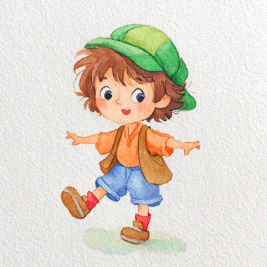 Watercolor wet on wet, paper rough texture, a cute chibi Lampwick, mischievous boy with messy brown hair, wearing a green cap, orange shirt, brown vest, blue shorts, red socks, brown shoes, cheeky grin, no outline, main colors: green, orange, blue, brown, secondary colors: red, white, children's book style, isolated on a white background  shadows  rofile 943hi26